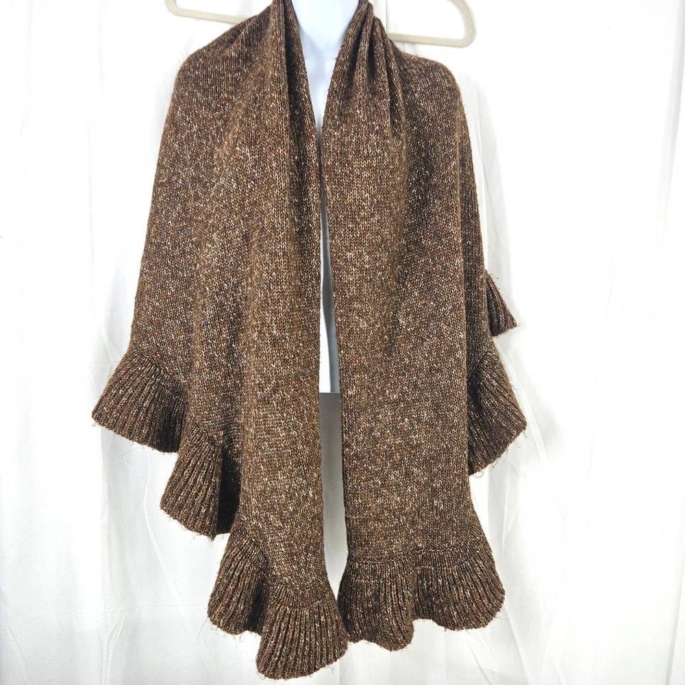 Cabi Brown Marled Ruffle Knit Shawl Wrap Cardigan One Size Poncho Boho Festival